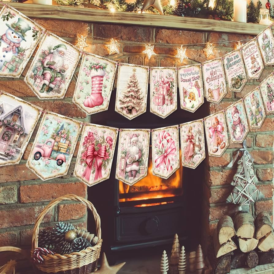 Pink Christmas Decorations Vintage Style Christmas Banner, Traditional Retro Santa Claus Bunting ... | Amazon (US)