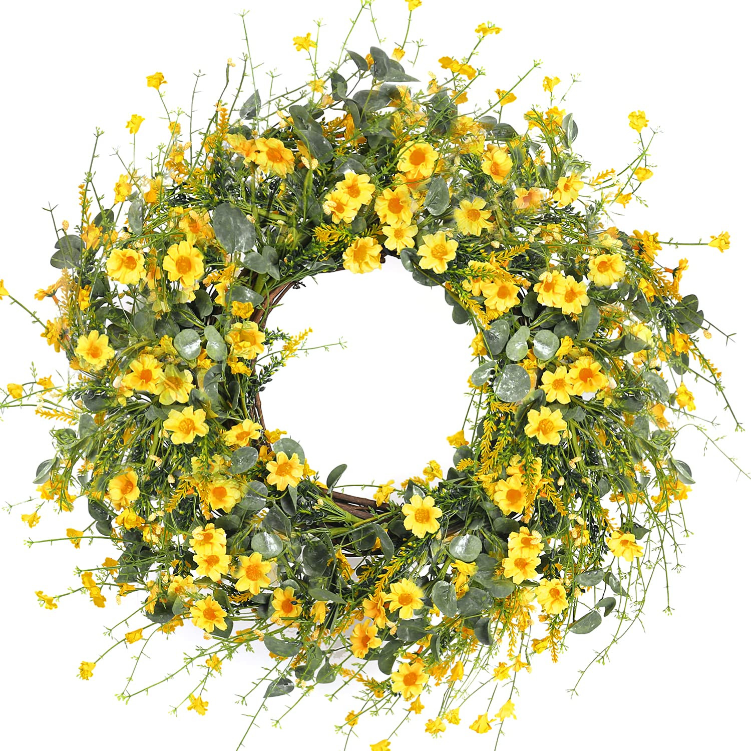 Sggvecsy Yellow Daisy Wreath 24 Inch Spring Summer Fake Silk Floral with Green Eucalyptus Leaves ... | Amazon (US)