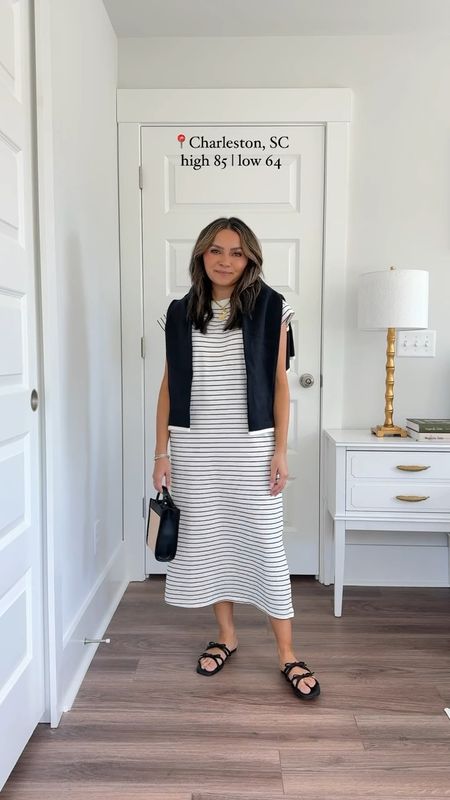 Black and white stripe midi dress size XS TTS 
black bow sandals size 5.5 TTS 
Black and white trim cardigan size XS TTS 

Spring outfits 
Spring style 
Spring dress 
Summer dress 

#LTKfindsunder50 #LTKstyletip #LTKSeasonal