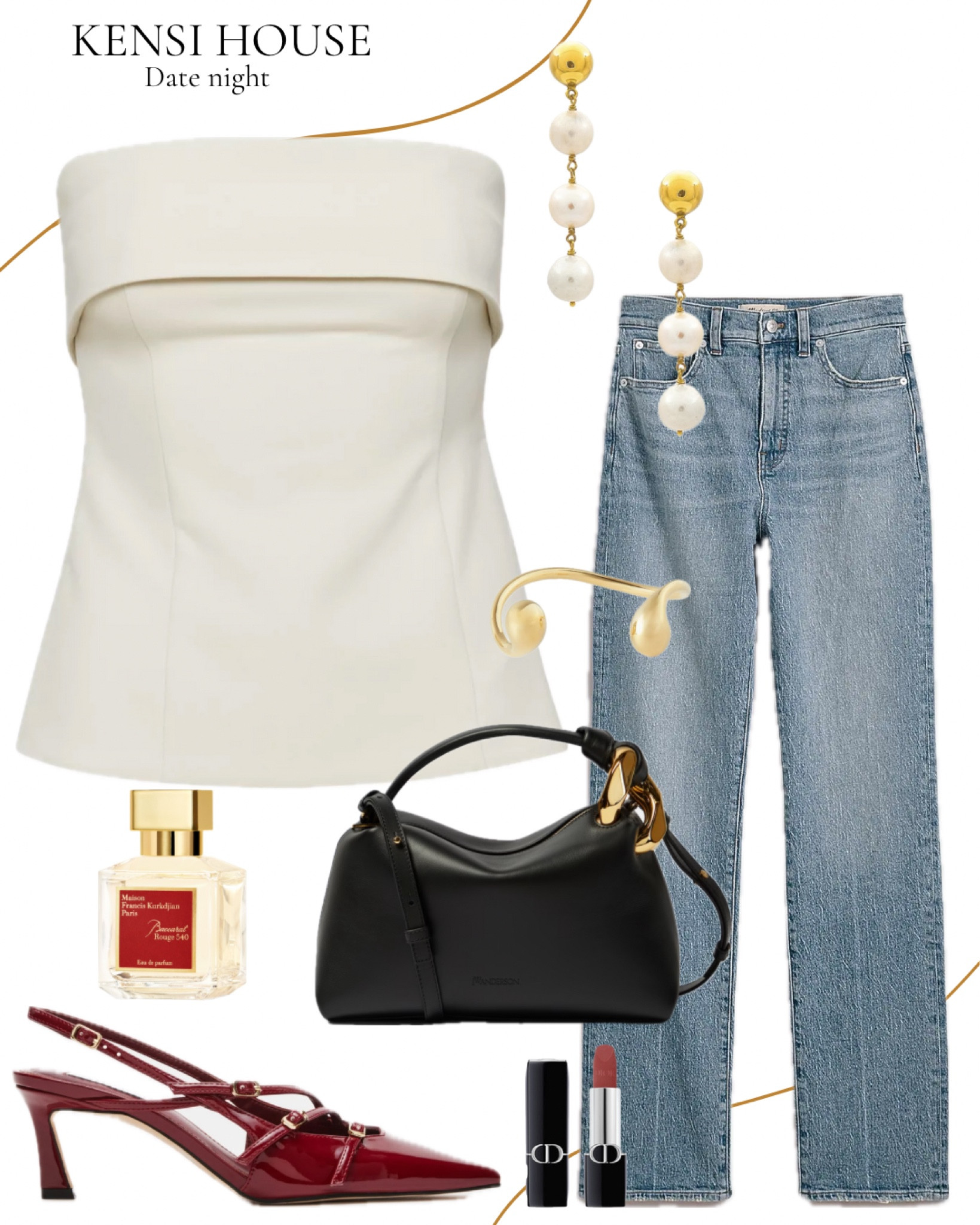 Valentine’s Day date night outfit 
Ivory bustier top, blue jeans, red sling backs, black bag, baccarat rouge perfume, gold jewelry 

#LTKparties #LTKstyletip #LTKSeasonal