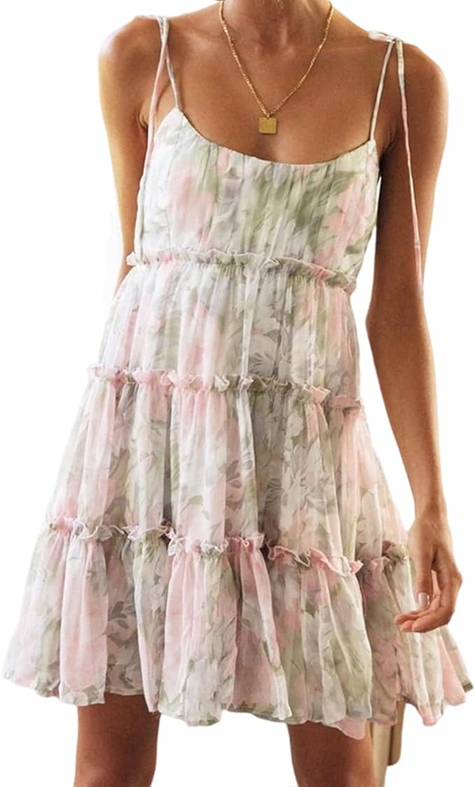 AELSON Sundresses for Women 2025 Floral Summer Dress Boho Flowy Cute Dresses Spaghetti Strap Slee... | Amazon (US)