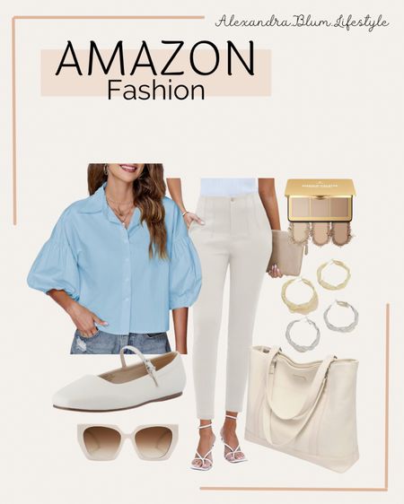 Cute summer work outfit from Amazon! White ballet flats, white dress pants, blue blouse, and white tote bag! Casual outfit! Church outfit! 

#LTKFindsUnder50 #LTKWorkwear #LTKShoeCrush