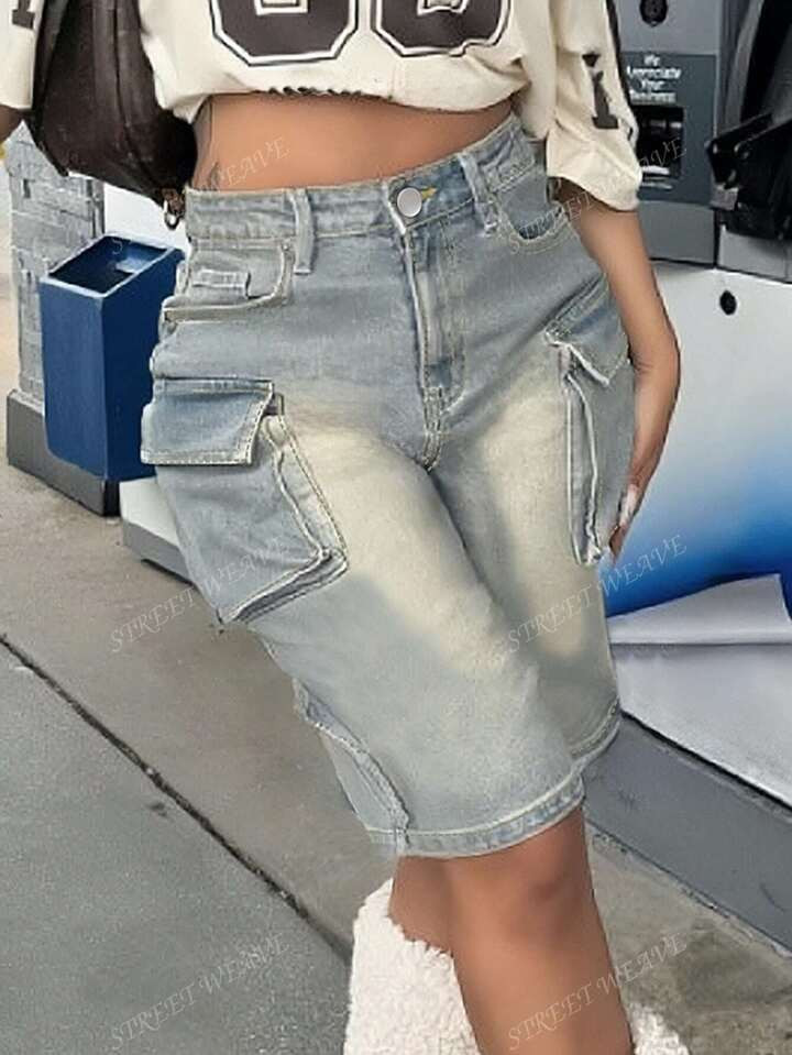 Western Cowgirl Street Style Cargo Denim Bermuda Shorts For Women | SHEIN