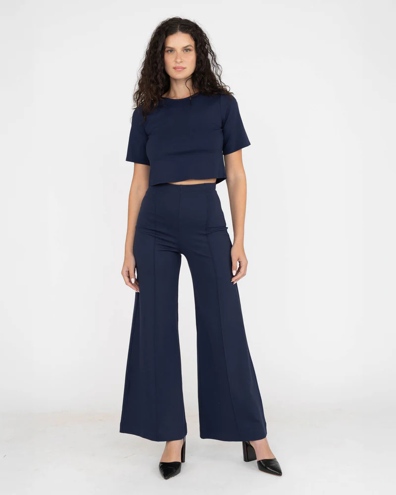 Navy Ponte Knit Standard Wide Leg Pant | Ripley Rader