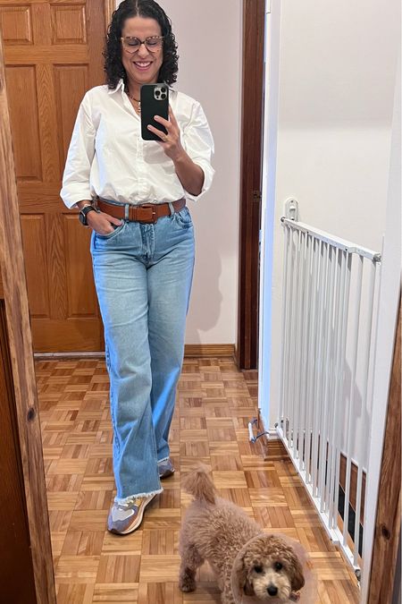 Monday’s outfit. Classic white shirt, wide leg jeans and running shoes. 

#LTKstyletip #LTKFind