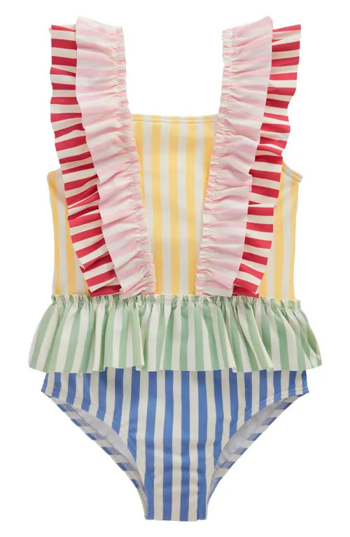 Mini Boden Kids' Frill Peplum One-Piece Swimsuit in Hotchpotch Stripe at Nordstrom, Size 4-5Y | Nordstrom