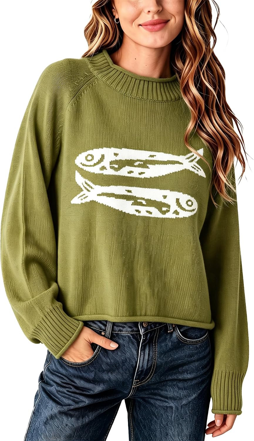 Fish Graphic Sweater Roll Hem Long Sleeve Fall Sweater Y2k Vintage Knitted Pullover Sweaters Warm Knit Tops | Amazon (US)