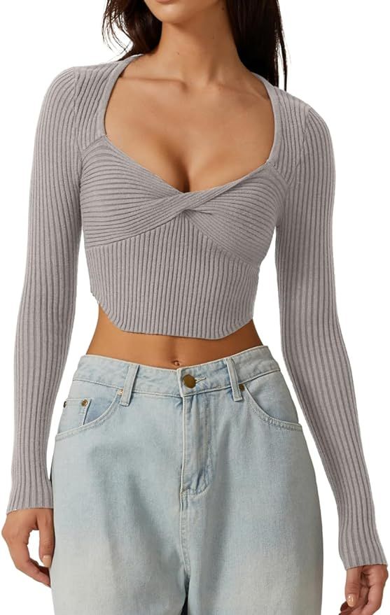 QINSEN Women's Long Sleeve Crop Top Sweaters Cozy Ribbed Knit Going Out Pullover T Shirts | Amazon (US)