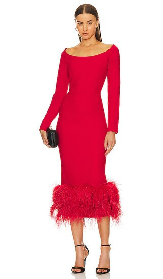 RASARIO Feather Midi Dress in Red. - size 36/4 | Revolve Clothing (Global)