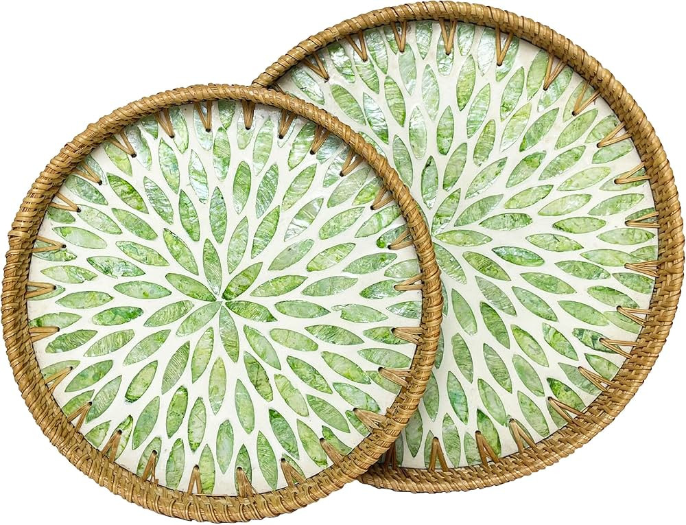 Round Rattan Serving Tray with Mother of Pearl Inlay, Coffee Table Tray Decor, Ottoman Tray Basket, Round Wicker Tray, Round Decorative Tray, Round Trays Home Decor, Decorative Trays | Amazon (US)