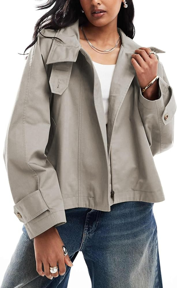 Majdan Women's Cropped Trench Coat Zip Up Short Outwear with Back Cape Casual Fall Spring Jacket ... | Amazon (US)