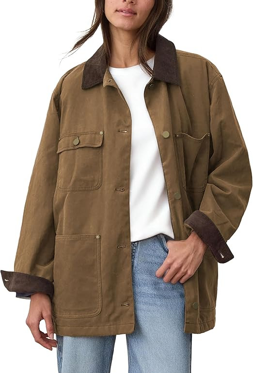 Barn Jackets for Women 2025 Fall Oversized Utility Cotton Coat Corduroy Collar Vintage Workwear w... | Amazon (US)