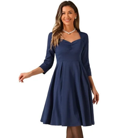 DARING DIVA Women s 3/4 Sleeve High Waist A Line Pleated Midi Dress S Dark Blue | Walmart (US)