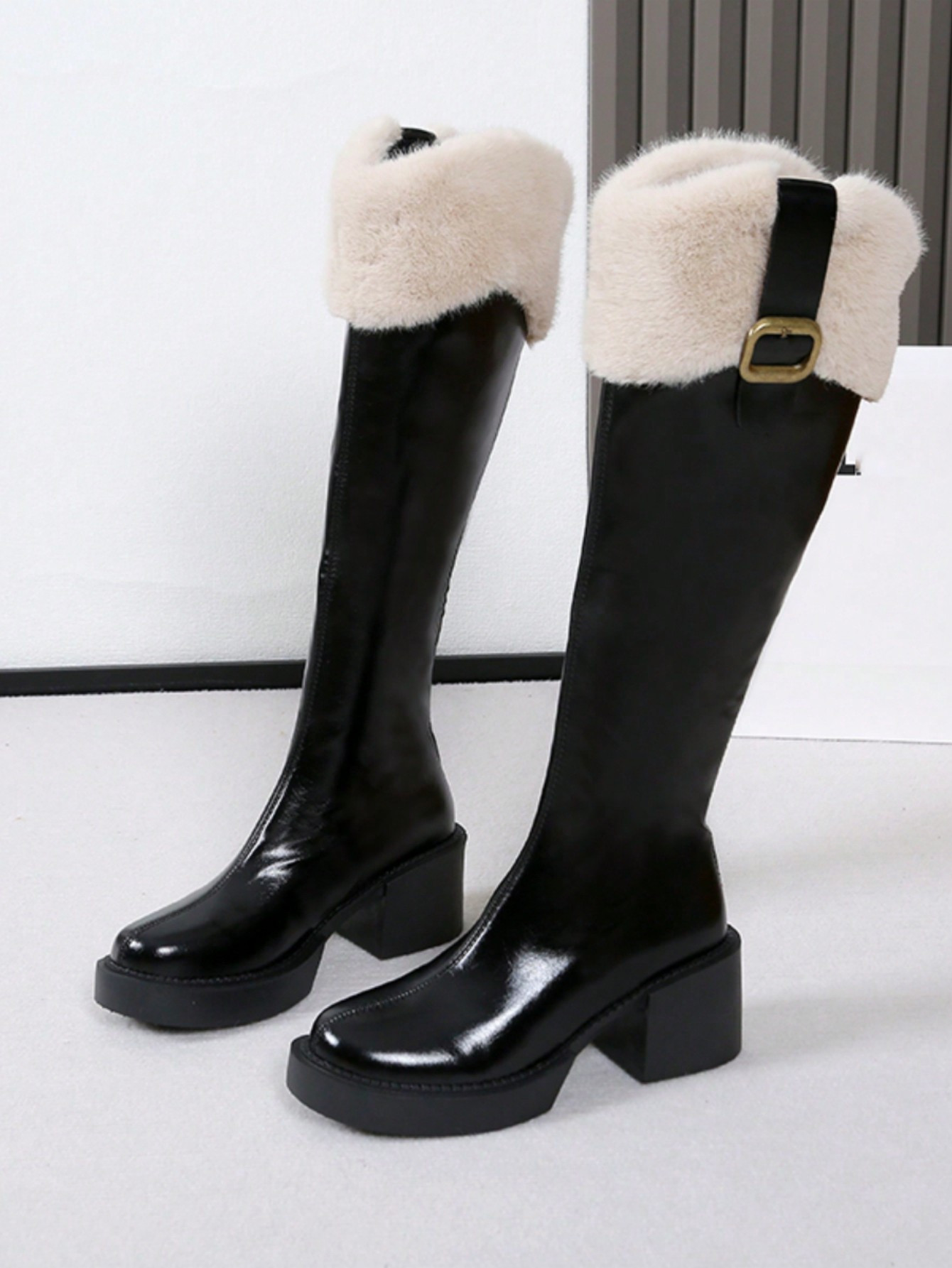 TrendsWomen Fluffy Collar Fashion Knee High Boots With Rhinestone Buckle Back Zipper Thick High H... | SHEIN