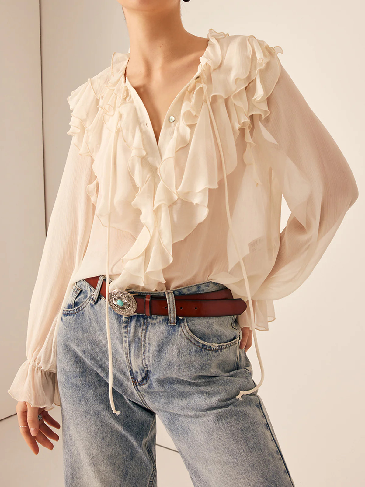 Semi-Sheer Ruffle Chiffon Breasted Blouse | Commense
