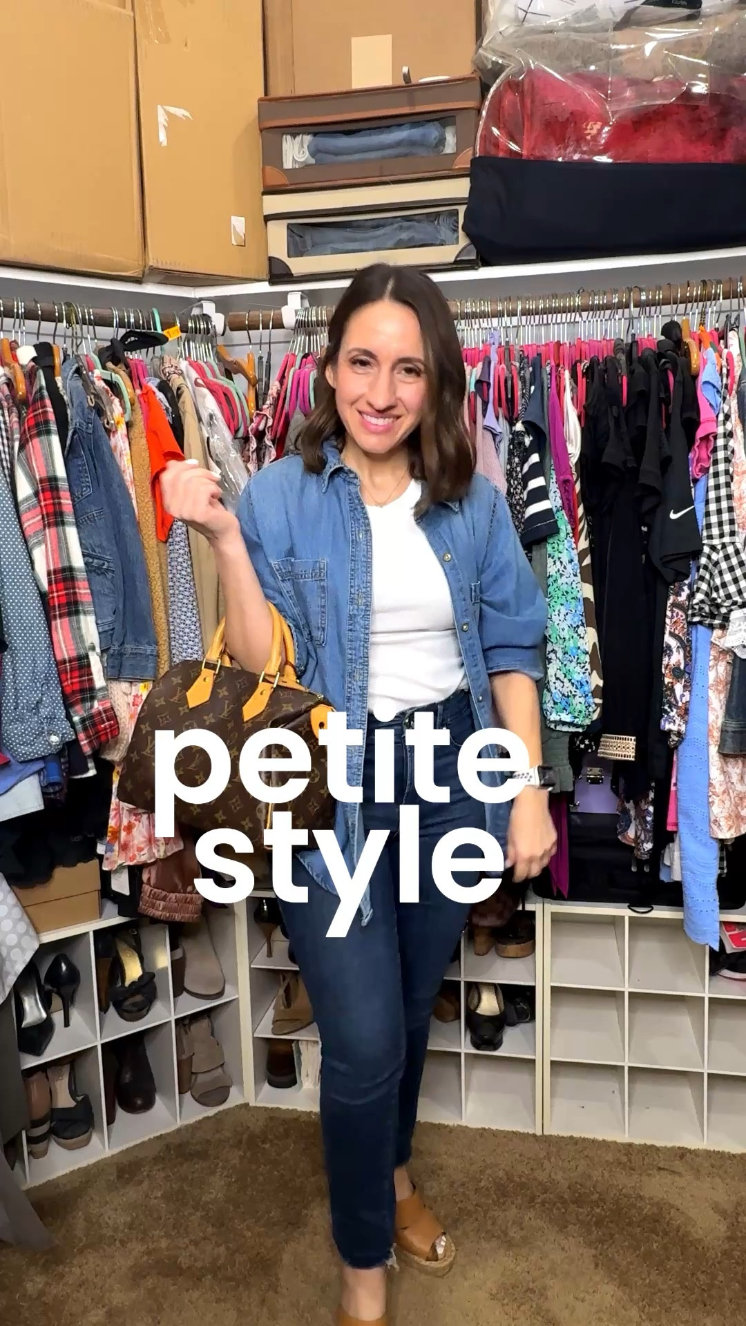 Petite Style 
Chambray shirt, white tank top, mid rise jeans, wedge sandals, and brown handbag. 
White tank top runs tts. 
Good American jeans run tts. 


#LTKPetite #LTKOver40 #LTKSaleAlert