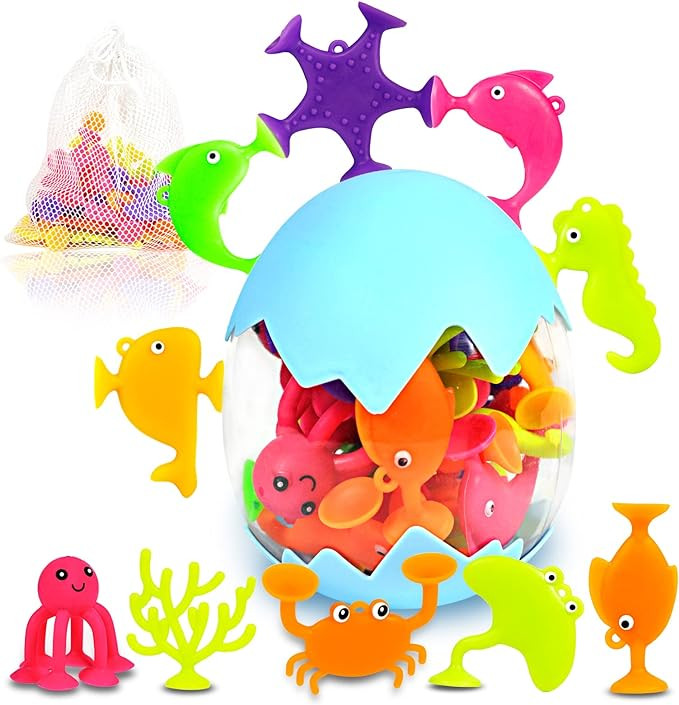 Suction Bath Toys for Kids, 18 Pcs Silicone Ocean Animal Suction Cup Toys with Eggshell & Bag, No... | Amazon (US)