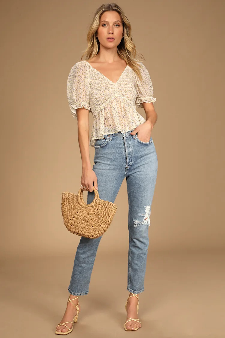 New Blossoms White Multi Floral Puff Sleeve Smocked Crop Top | Lulus (US)