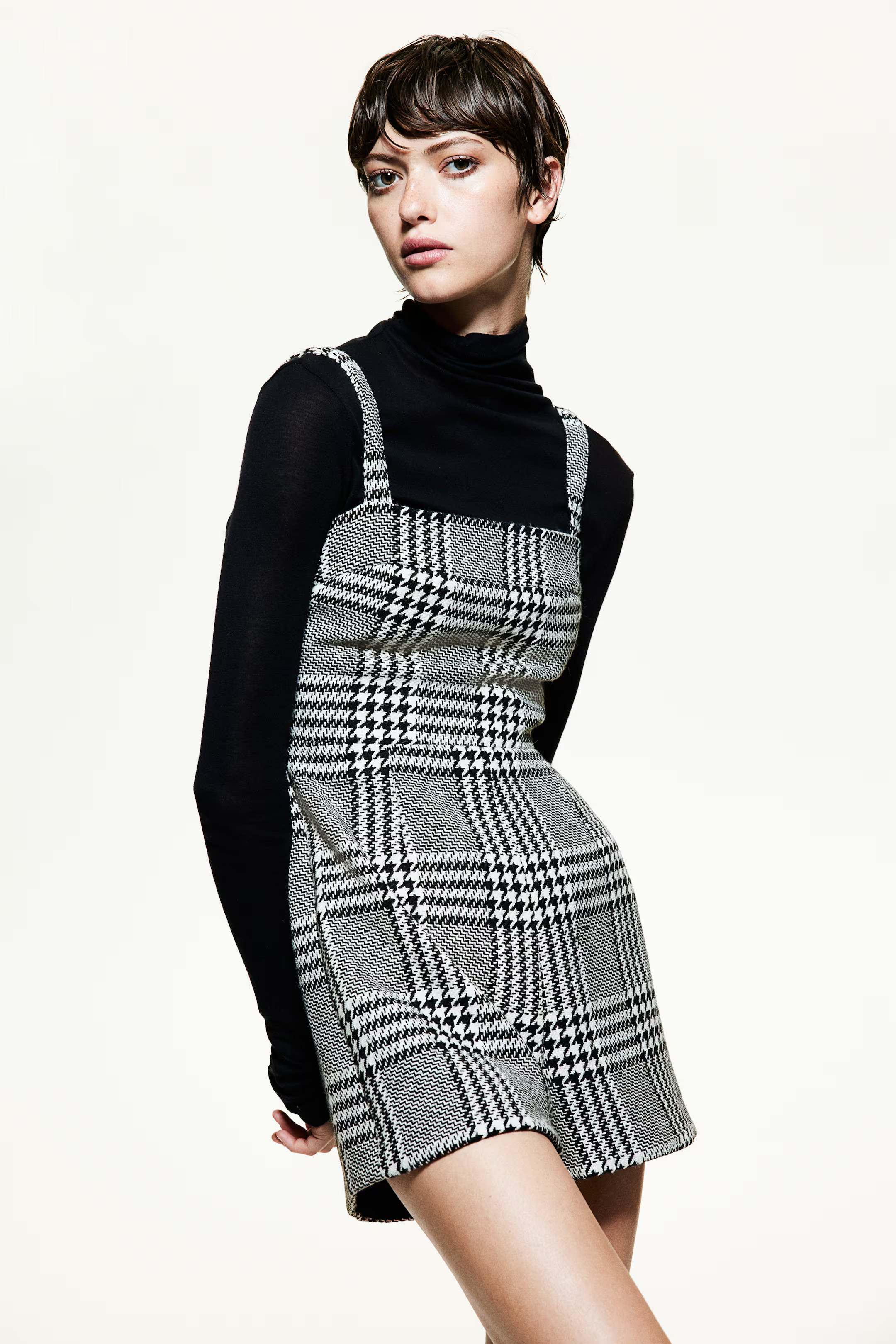 Square-Neck Romper - Black/houndstooth-patterned - Ladies | H&M US | H&M (US + CA)