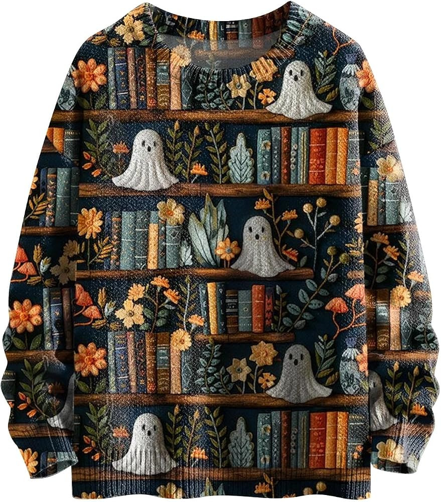 Halloween Sweatshirts for Women Ghost Reading Books Knit Sweater Cute Spooky Shirt Fall Crewneck ... | Amazon (US)