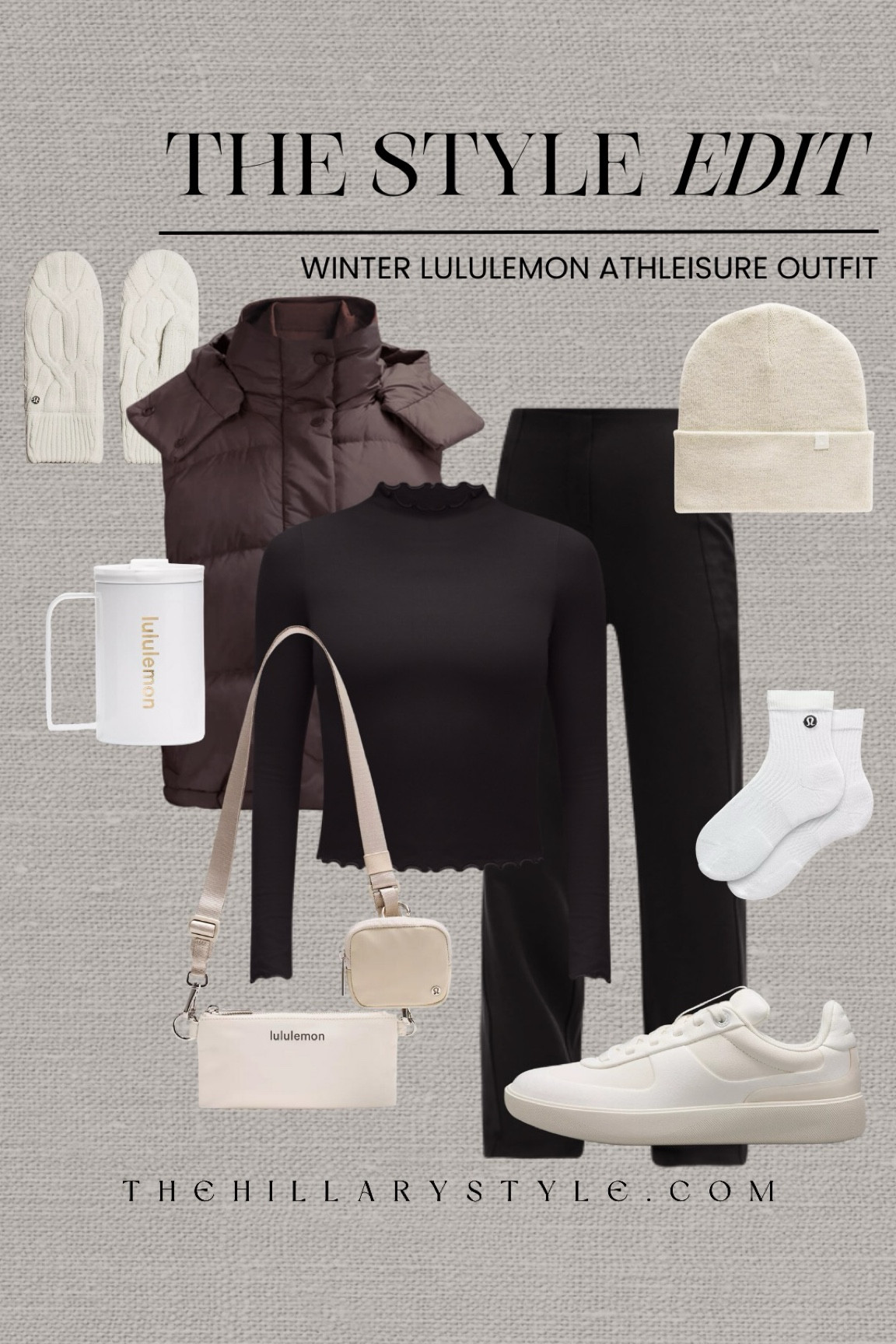 The Style Edit: Winter Athleisure Outfit from lululemon
Puffer vest, ruffle neck long sleeve shirt, black pants, sneakers, quarter length socks, belt bag, insulated mug, mittens, warm beanie. Winter outfit, casual outfit, athleisure outfit, workout outfit, casual mom outfit, puffer vest outfit.

#LTKActive #LTKStyleTip #LTKSeasonal