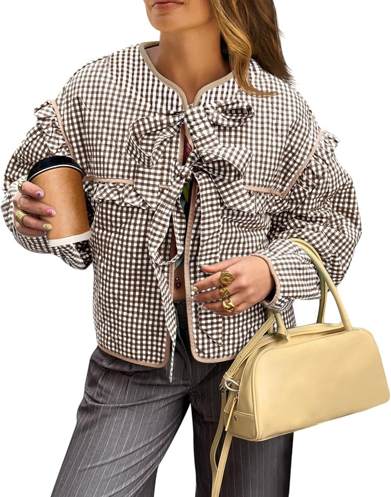 Tankaneo Womens Plaid Quilted Jackets Tie Front Lightweight Cropped Jacket Ruffled Puffer Padded ... | Amazon (US)