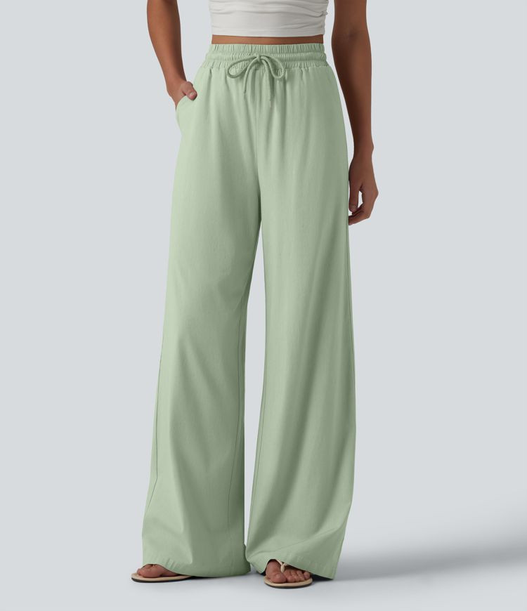 Women’s High Waisted Drawstring Wide Leg Casual Linen-Blend Pants with Pockets - Halara | HALARA