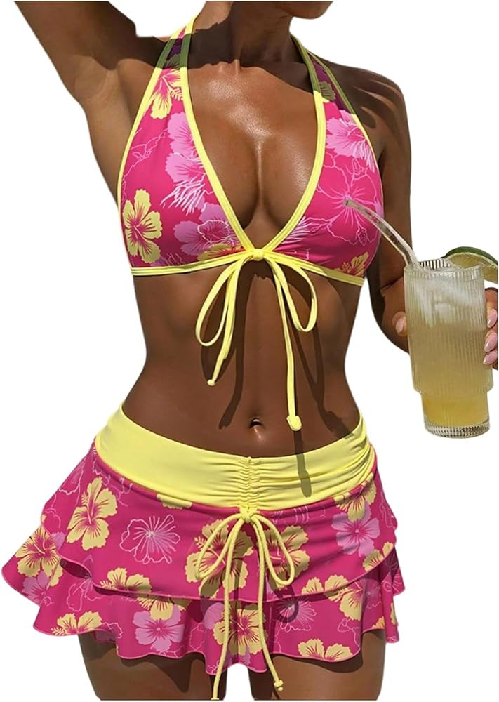 Verdusa Women's 3 Piece Boho Floral Halter Bikini Set with Cover Up Skirt | Amazon (US)