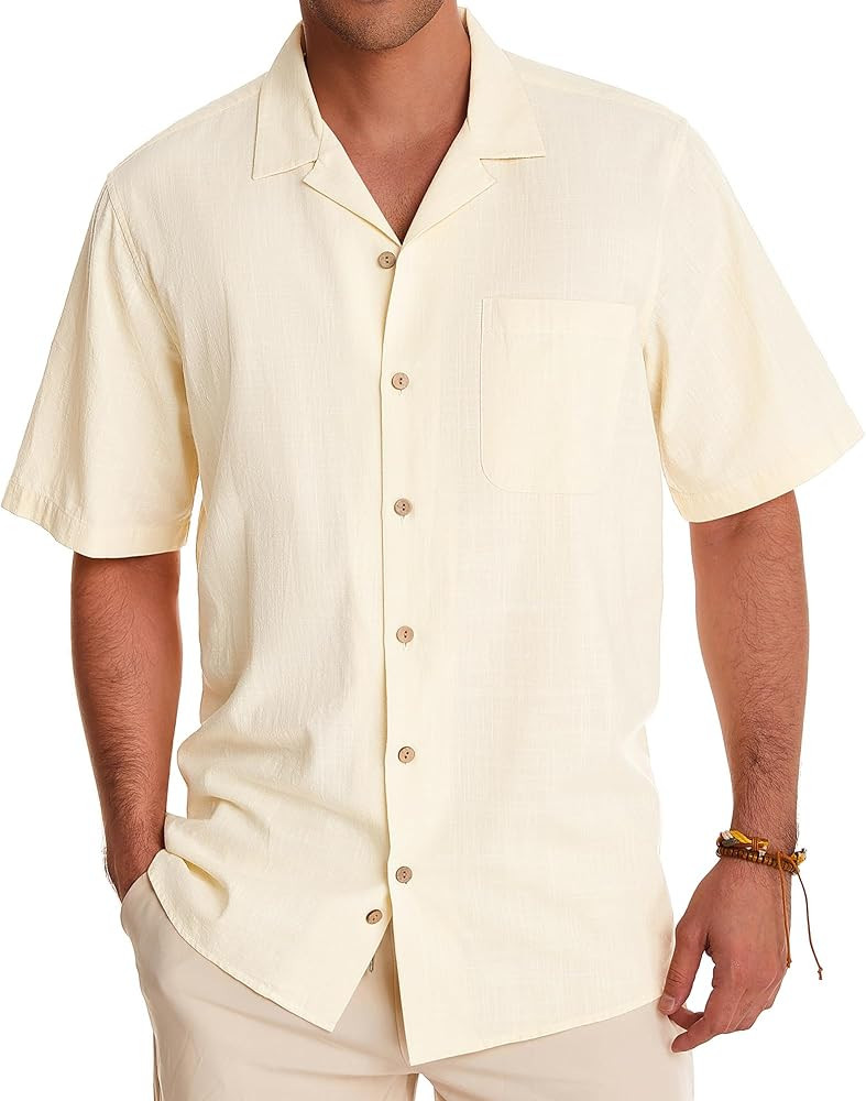 Alimens & Gentle Mens Linen Shirts Short Sleeve Button Down Shirts Cotton Summer Beach Cuban Shir... | Amazon (US)