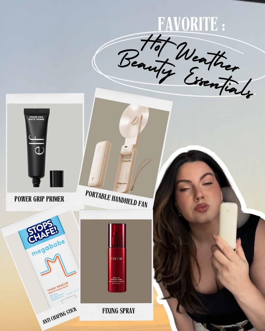 Hot weather beauty essentials I took on my trip to Texas ☀️ 


Fixing spray, setting spray, portable fan, handheld fan, chafing stick, primer, matte primer, sweat proof makeup 
