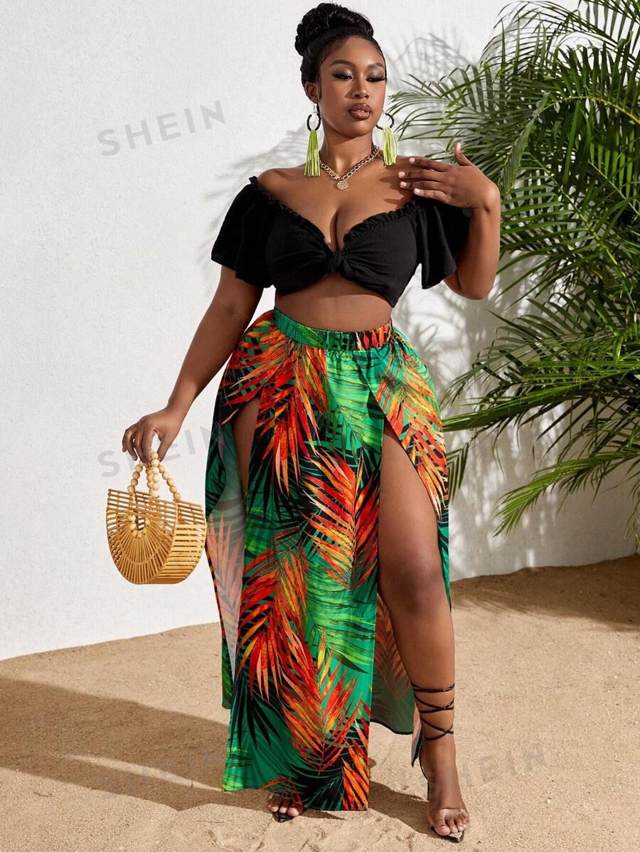 SHEIN Slayr Plus Size Women'S Tropical Plant Printed Knee-Length Skirt | SHEIN