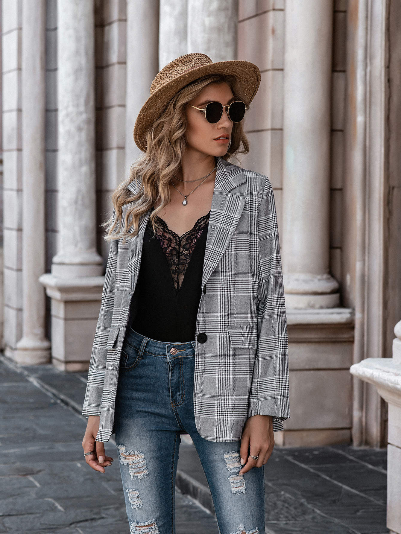 Single Breasted Glen Plaid Blazer | SHEIN