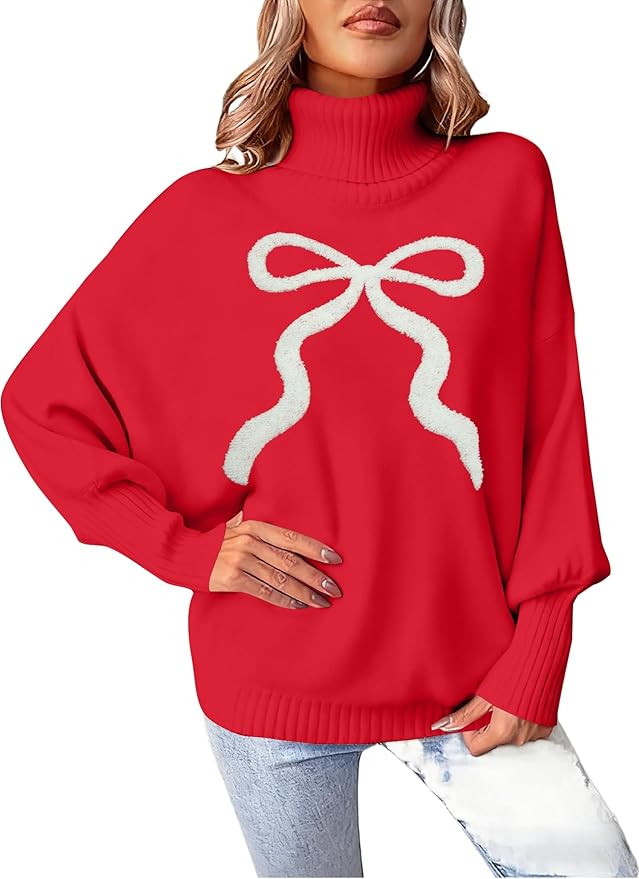 Christmas Sweaters for Women Merry Sweater: Oversized Turtleneck Sweaters 2025 Long Batwing Sleev... | Amazon (US)