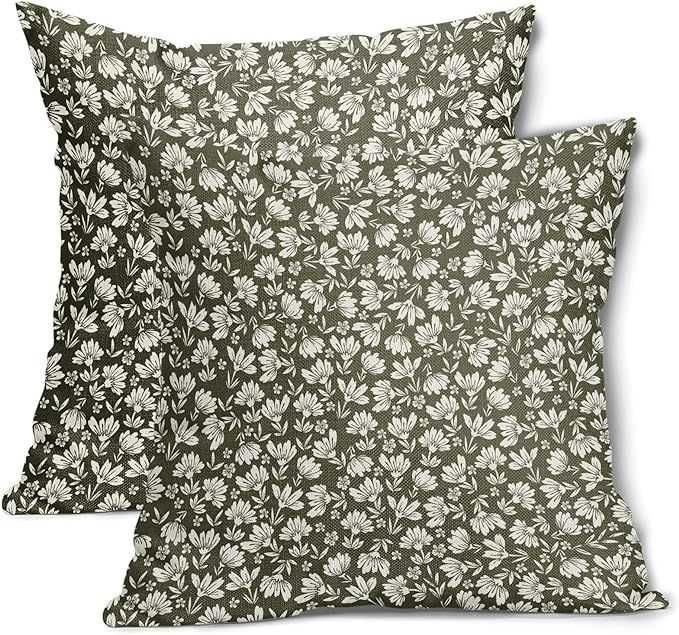 Olive Green Beige Daisy Floral Pillow Covers 18X18 Inch Vintage Flowers Decorative Pillow Cases S... | Amazon (US)