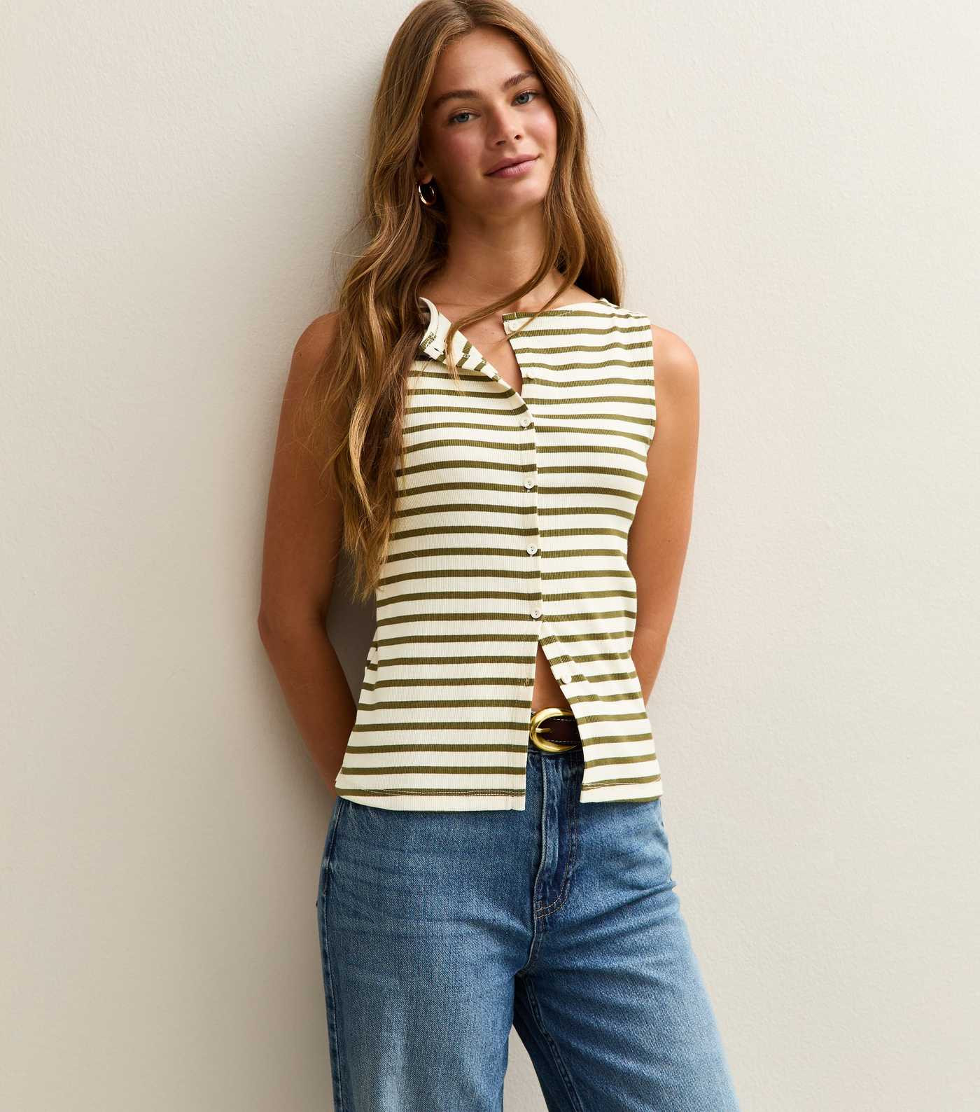 Cream Striped Button Front Tank Top | New Look | New Look (UK)