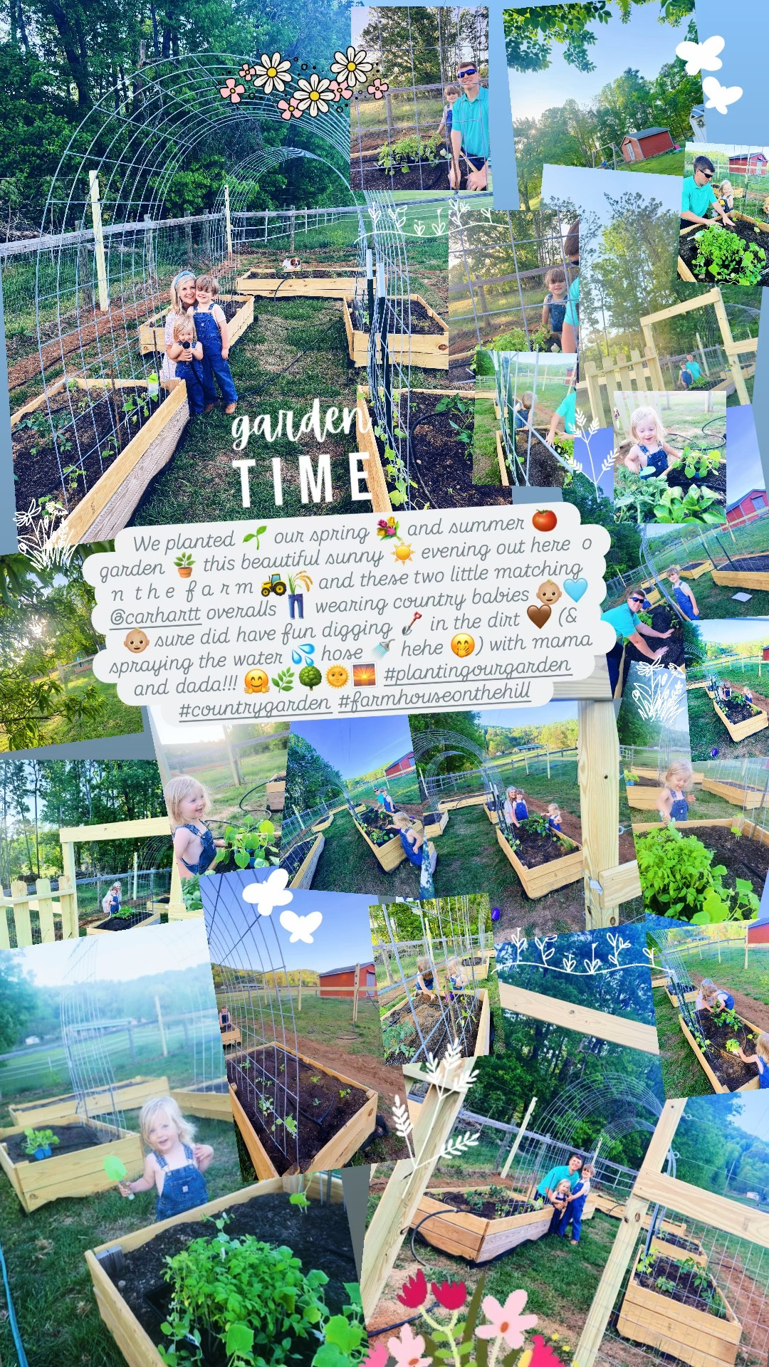 We planted 🌱 our spring 💐 and summer 🍅 garden 🪴 this beautiful sunny ☀️ evening out here  o n  t h e  f a r m 🚜🌾 and these two little matching @carhartt overalls 👖 wearing country babies 👶🏼🩵👶🏼 sure did have fun digging 🪏 in the dirt 🤎 (& spraying the water 💦 hose 🚿 hehe 🤭) with mama and dada!!! 🤗🌿🌳🌞🌅 #plantingourgarden #countrygarden #farmhouseonthehill 