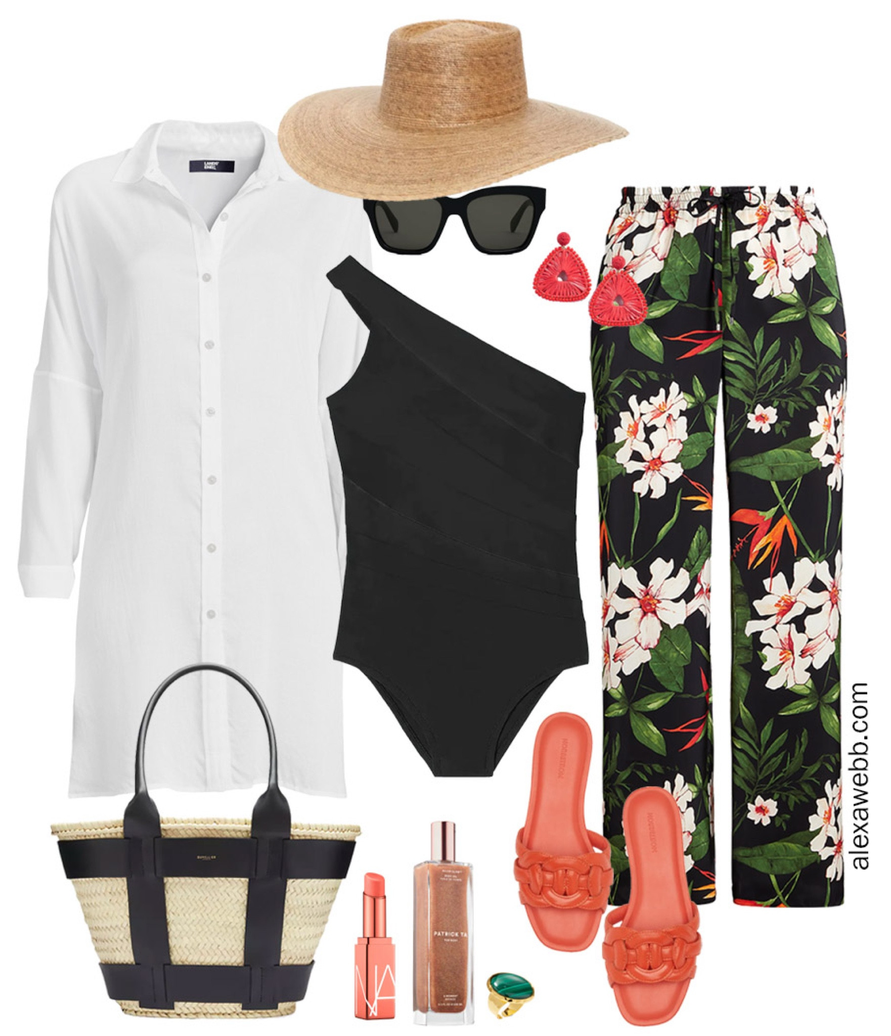 Plus Size Resort Wear - Part 1 - Plus Size Beach Outfit with black swimsuit, tropical pants, and a cover-up for a beach day vacation. Alexa Webb

#LTKStyleTip #LTKPlusSize #LTKSeasonal