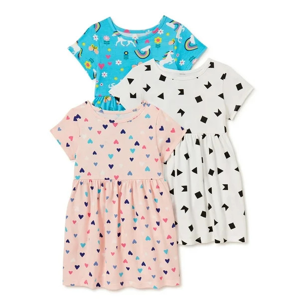 Wonder Nation Baby & Toddler Girls Organic Cotton Short Sleeve Knit Play Dresses with Pockets, 3-... | Walmart (US)