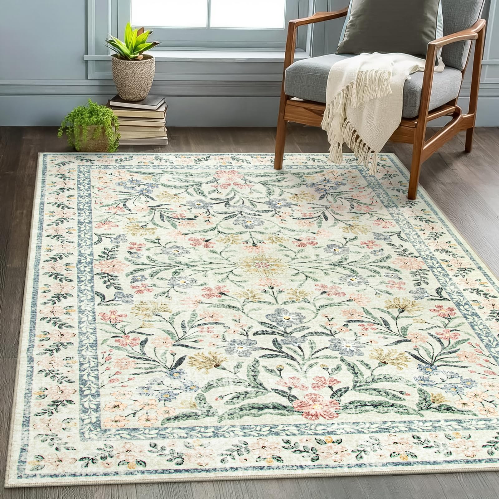 Wonnitar Washable Area Rugs 5x7, Soft Floral Bedroom Area Rug, Washable Carpet 5x7 Non Slip, Boho... | Amazon (US)