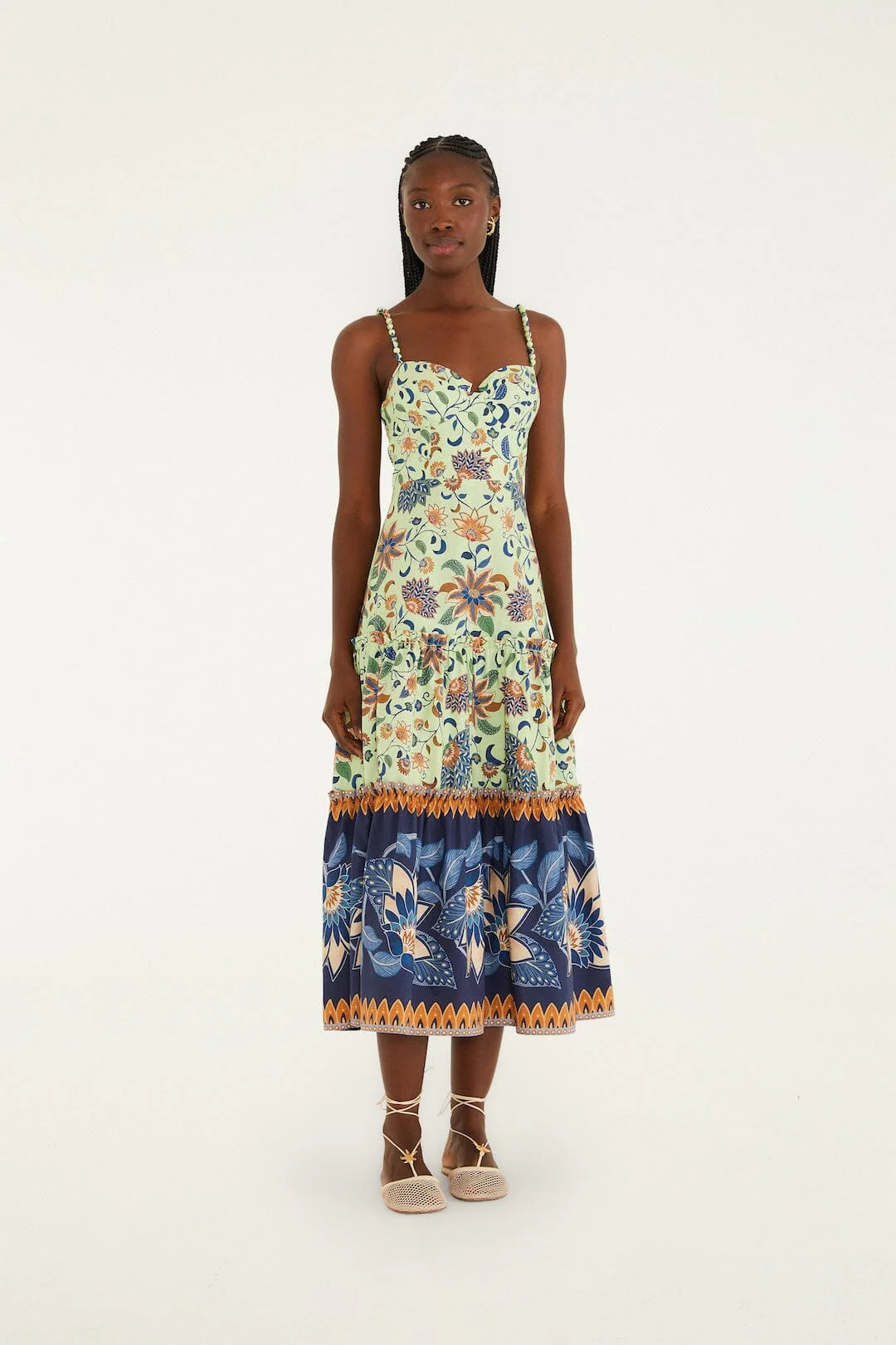 Green Floral Delhi Tapestry Beaded Straps Midi Dress | FARM Rio | FarmRio (US)