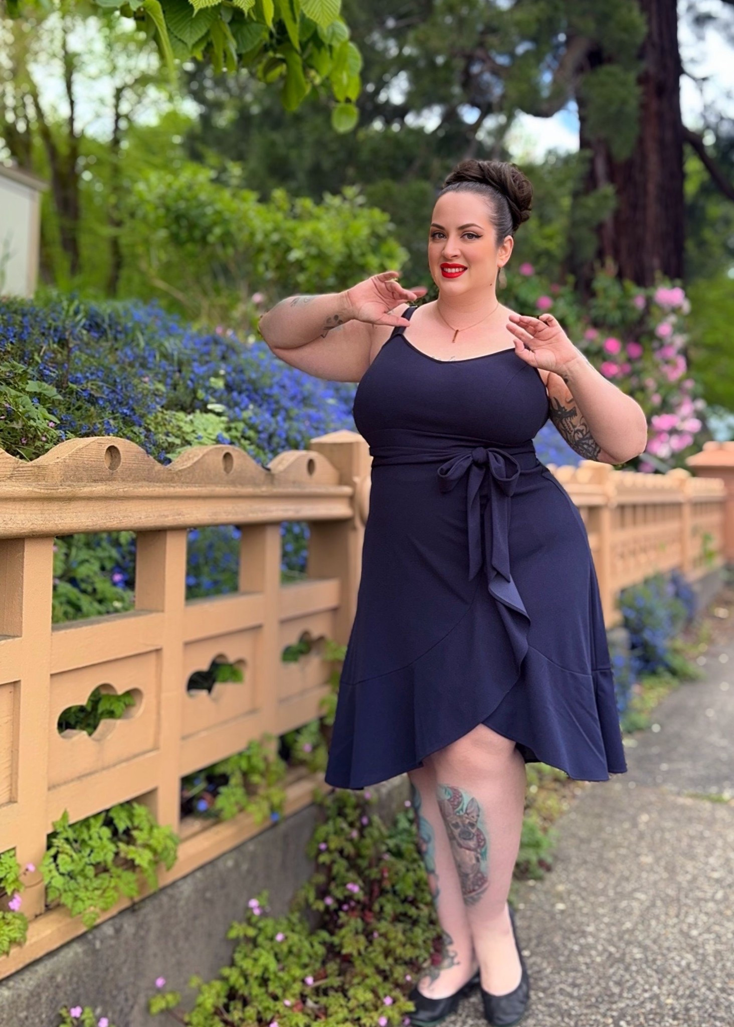 Navy blue dress with faux wrap skirt, attached belt and adjustable spaghetti straps

#LTKPlusSize #LTKFindsUnder50 #LTKOver40