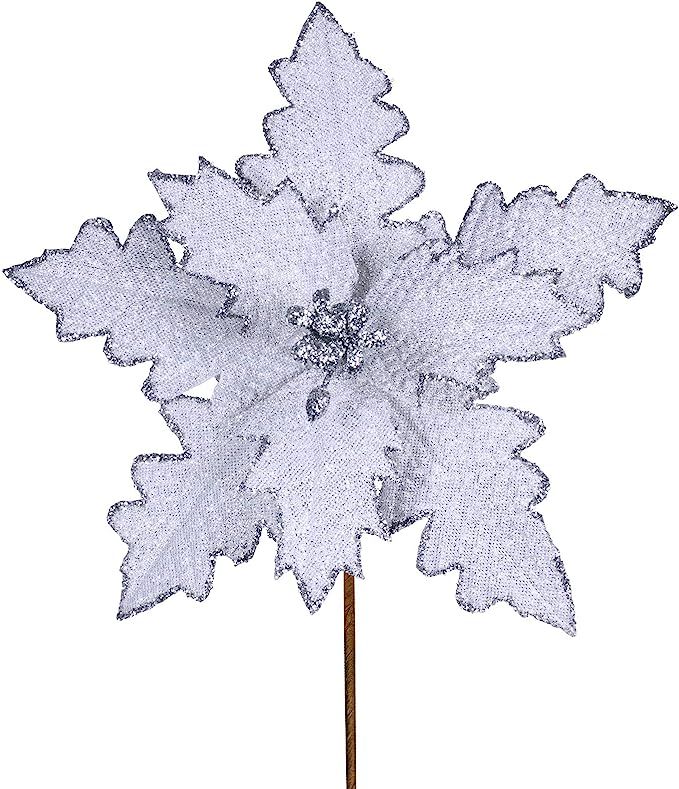 6 Pcs Christmas Silver Metallic Lurex Glitter Artificial White Poinsettia Flower Picks Christmas ... | Amazon (US)