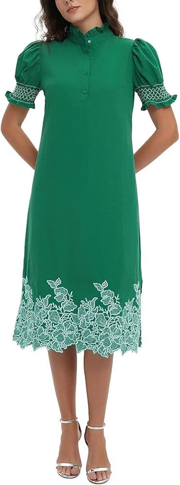 Womens Casual Shirt Dress Button Down Short Sleeve Midi Dress Flower Embroidery Slit Spring Summe... | Amazon (US)