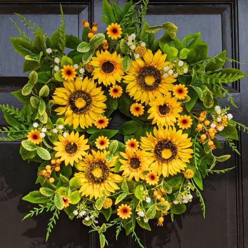 Sunflower Wreath for Front Door, 24 Inch Spring & Summer Wreath with Lifelike Sunflowers, Handmade Outdoor Wreath for Front Door, Spring Home Decor | Amazon (US)