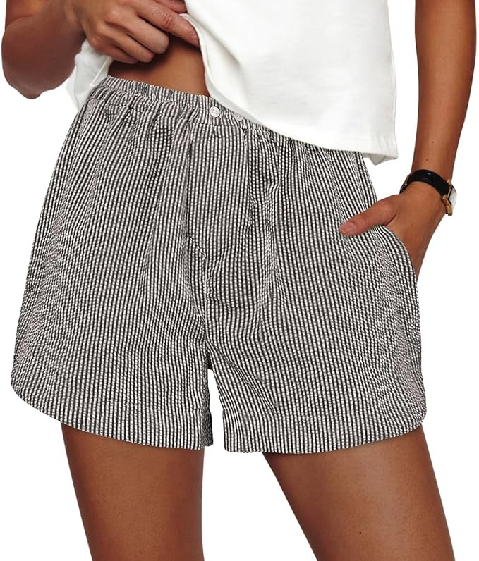 PRETTYGARDEN Women's Shorts Summer 2025 Trendy Striped Boxer Elastic Waist Casual Lounge Sleep Pa... | Amazon (US)