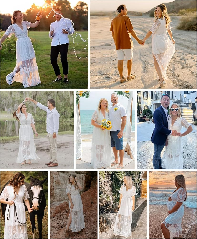 Womens V Neck Floral Embroidered Lace Wedding Maxi Dress Boho Short Sleeve Slit Bridesmaid Evenin... | Amazon (US)