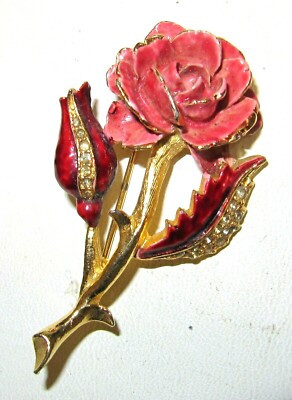 Large Vintage Jewellery Enamel White Diamanté Glass Crystals Rose Brooch | eBay UK