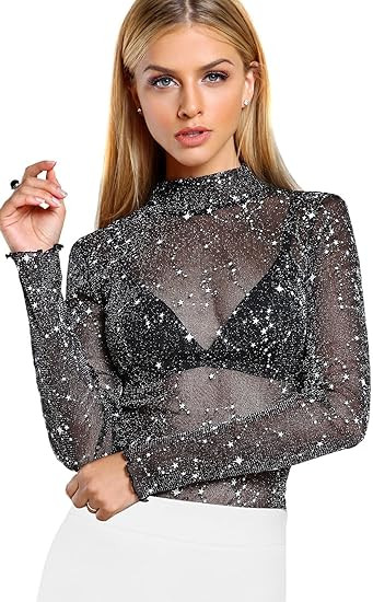 Floerns Women's Star Mesh See Through Mock Neck Long Sleeve Tops Tee T-Shirt | Amazon (US)