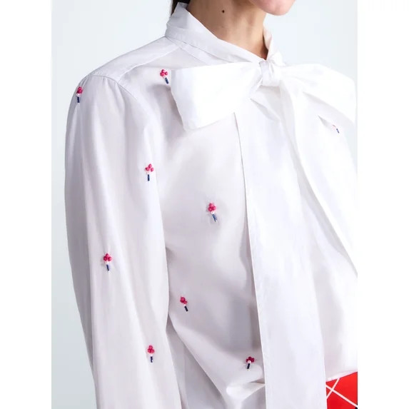 Free Assembly Women's and Women's Plus Beaded Tie Neck Cotton Shirt with Long Sleeves, Sizes XS-4... | Walmart (US)