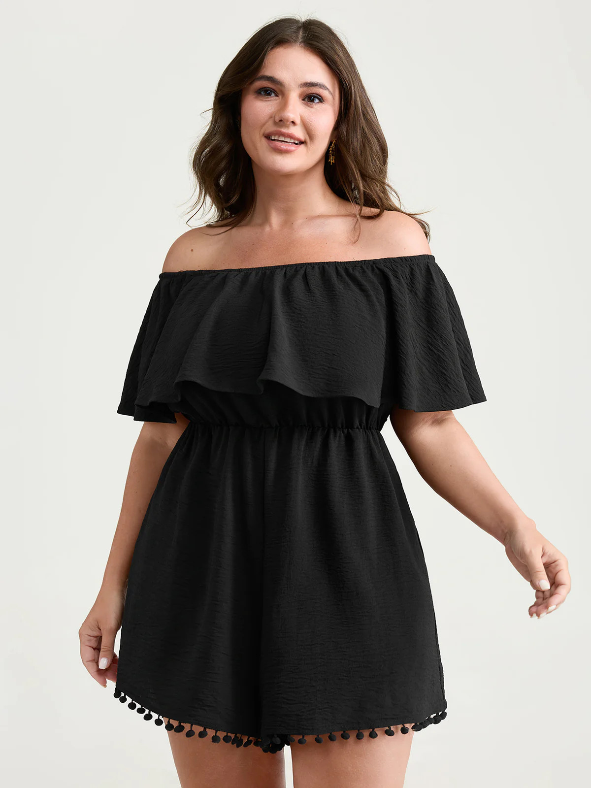 Off-Shoulder Tassel Hem Romper | Bloomchic